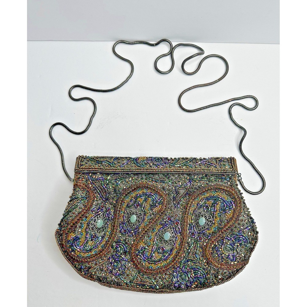 Carole M Beaded Purse Dressy Shoulder Bag Chain Strap Brown Purple Teal